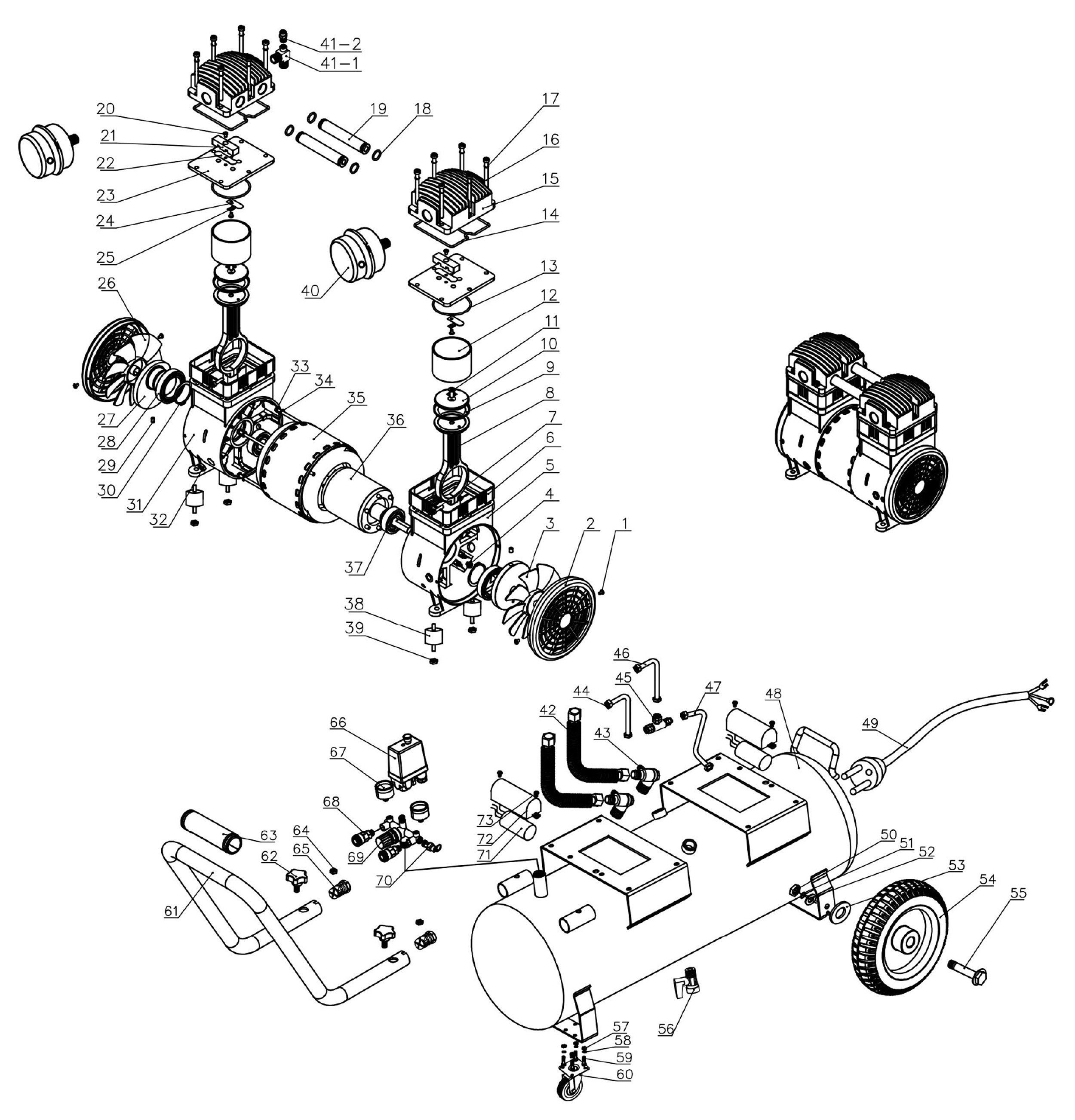 2x1.2 KW piston compressor - 80 litres - 24.2 m3/h - 230V - 65dB silencer - PCAP80SH24 
